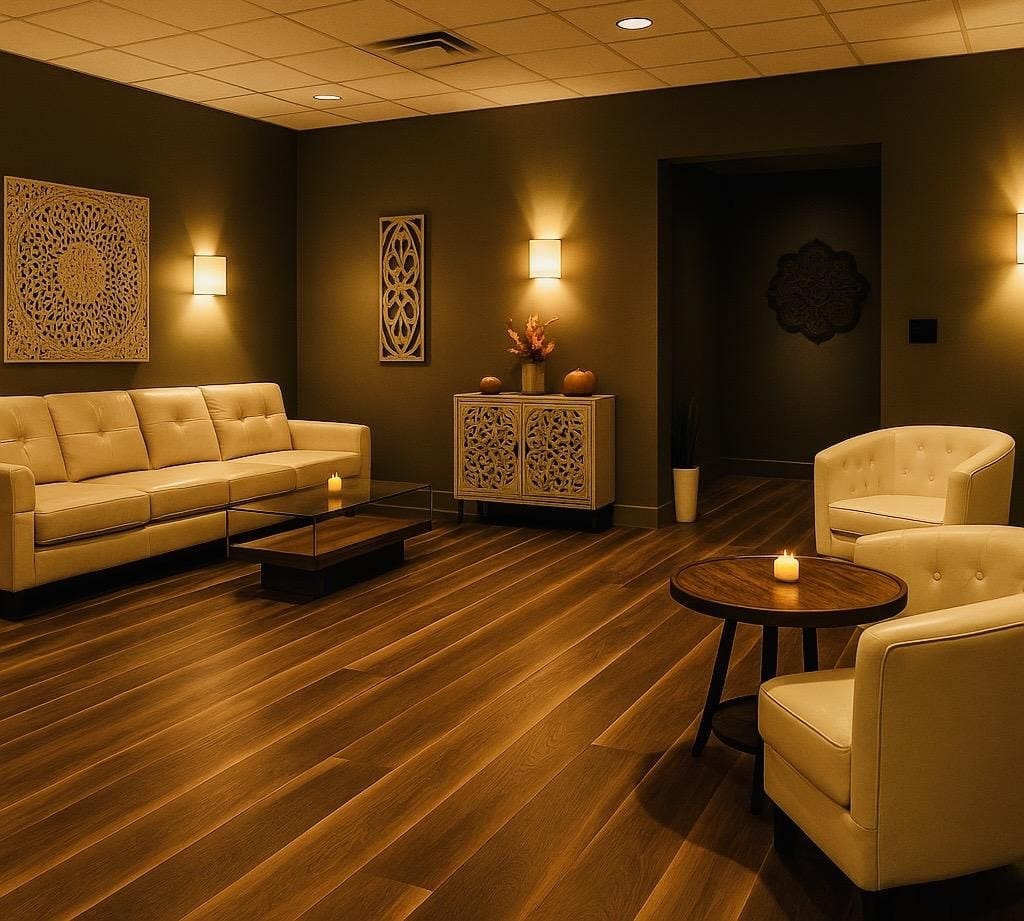 Cozy lounge with sofas, armchairs, candlelight