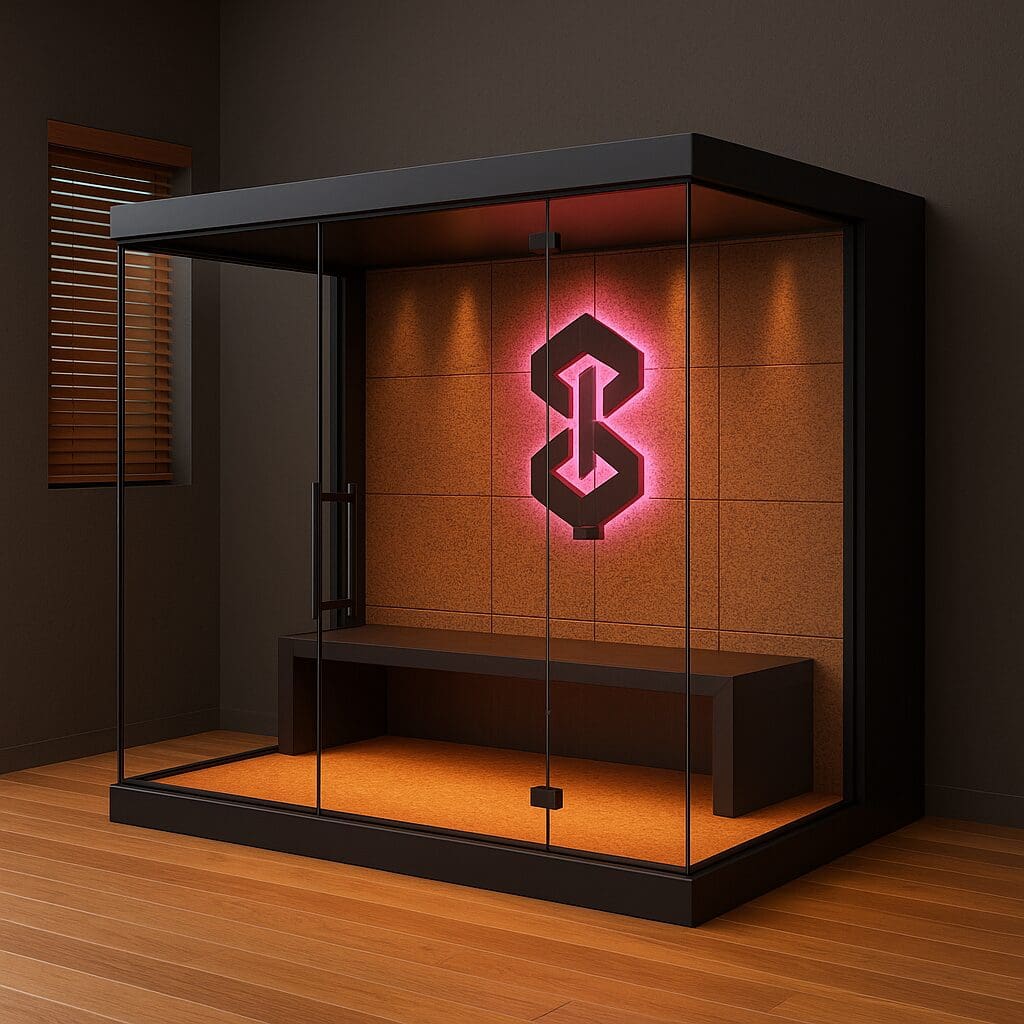 Glass display booth with pink neon logo