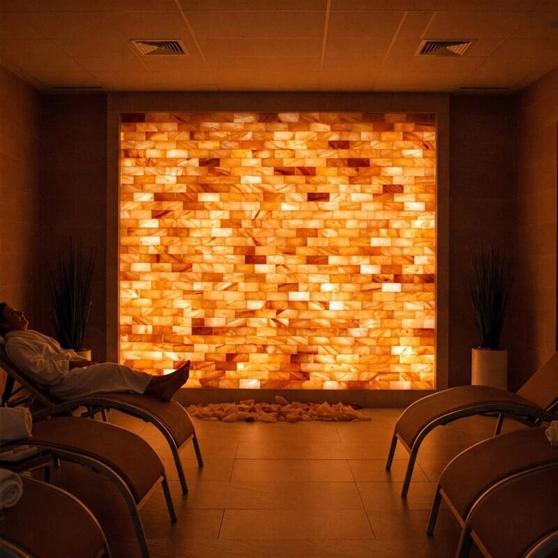 Spa relaxation room with glowing salt brick wall