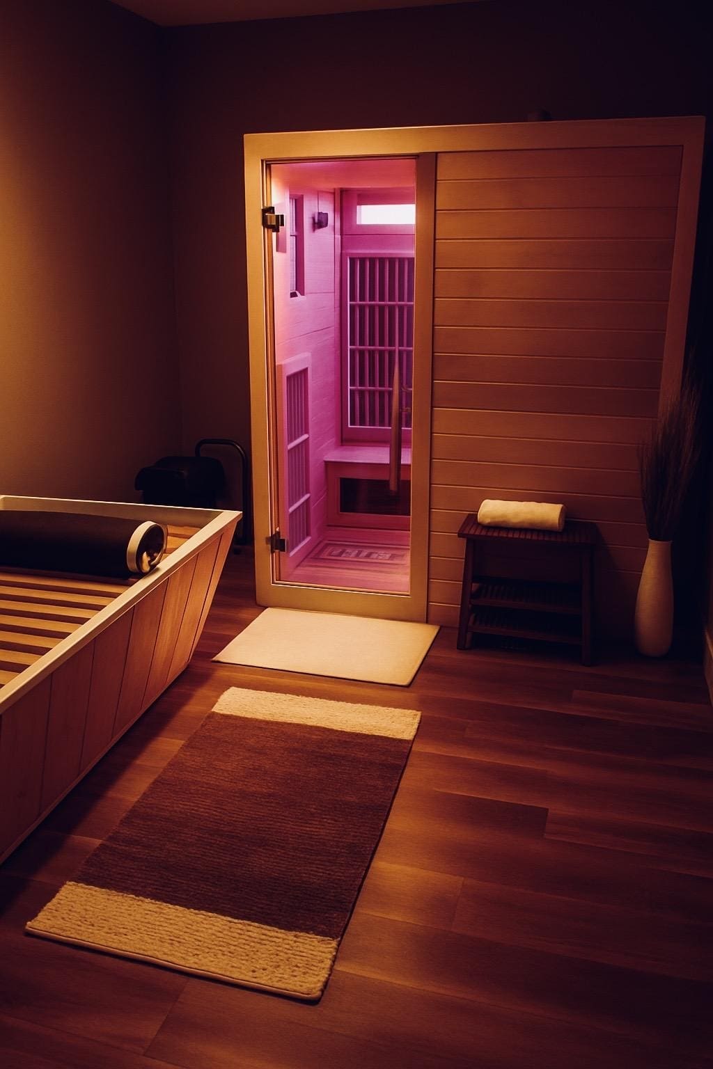 Wooden spa room with glowing pink sauna