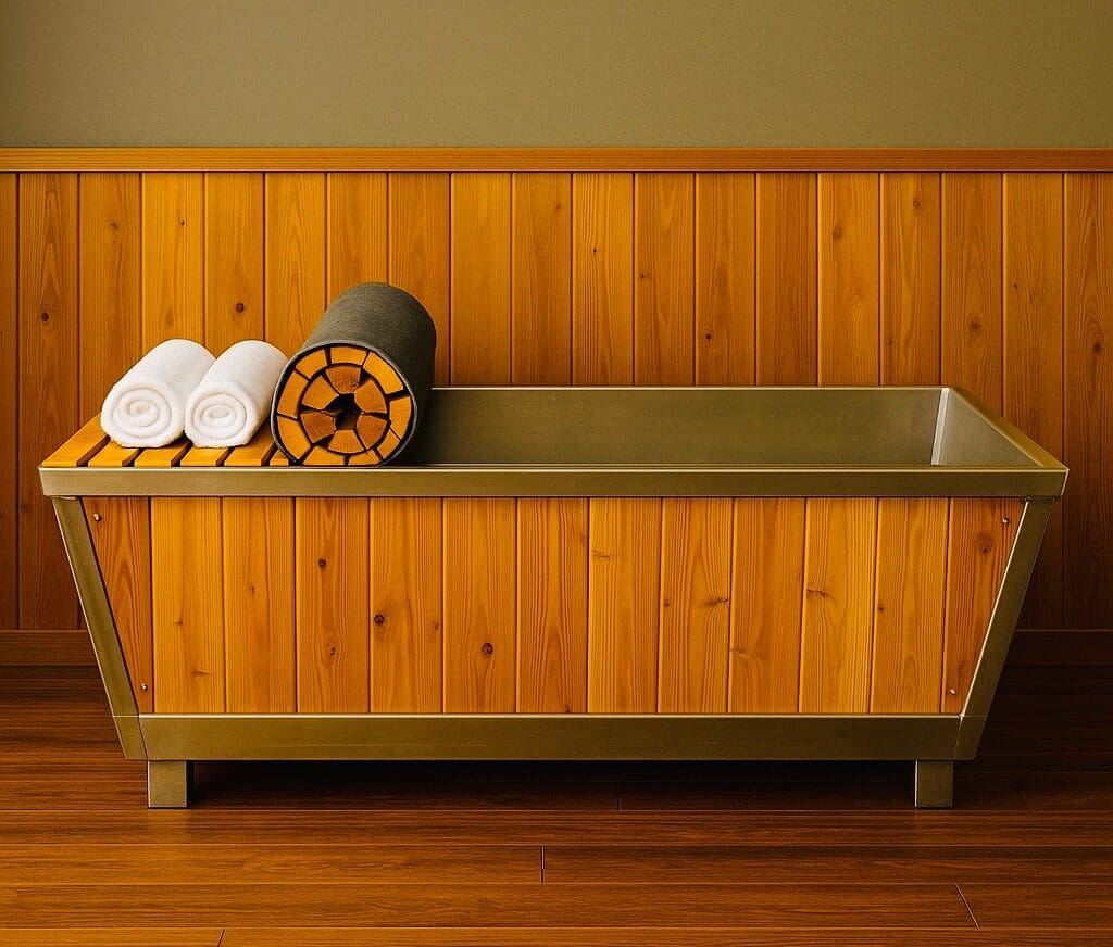 Wooden bathtub with rolled towels and headrest