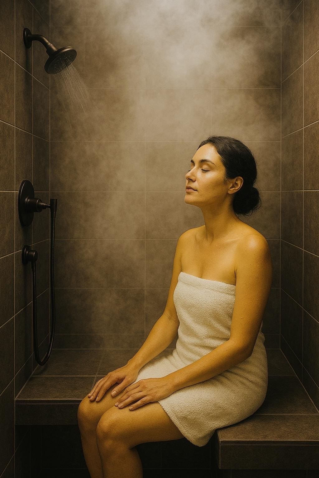 Woman relaxing in steaming tiled shower